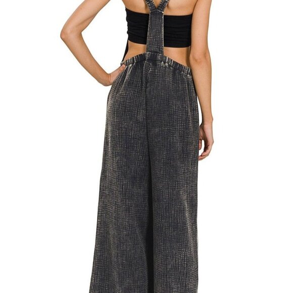 Zenana Lightweight Stretchy Waist Gauze Overalls Black Brown Women's sz Large - Picture 6 of 6
